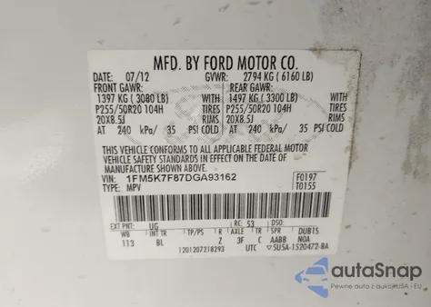 2013 Ford Explorer Limited z USA, uszkodzony, nr VIN 1FM5K7F87DGA93162